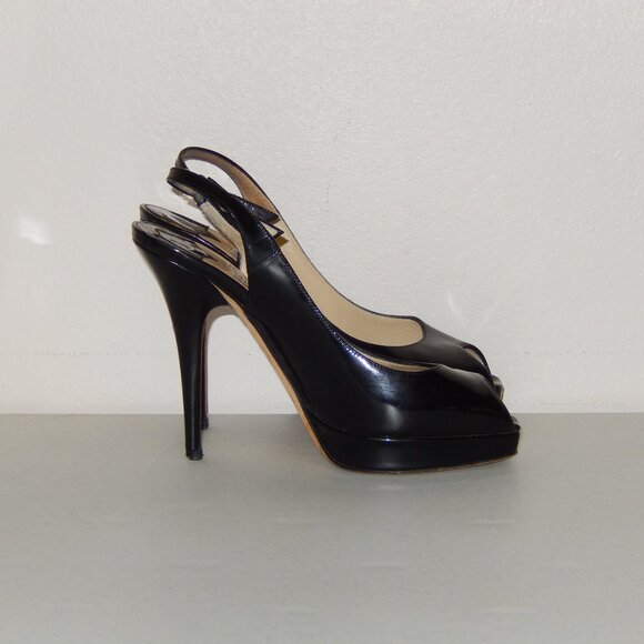 Jimmy Choo 36 6 Black Patent Peeptoe Slingback Heels Shoes Pumps Authentic - Picture 8 of 11